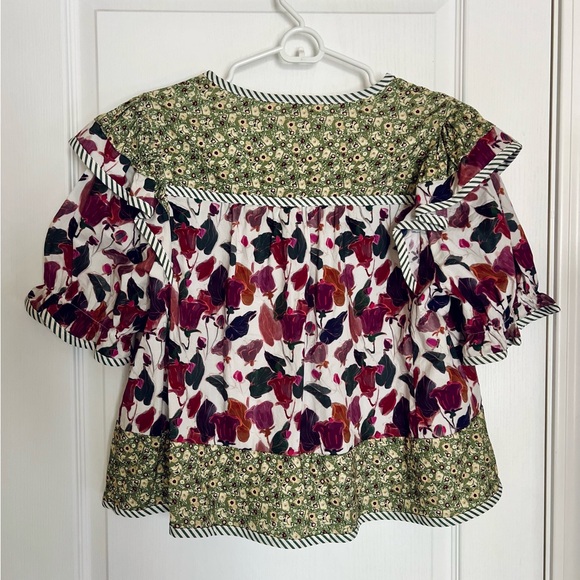 Entro Mixed Floral Stripe Patchwork Ruffle Blouse in Plum/Olive - Picture 2 of 8